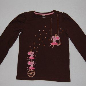Gymboree Girls Size 10, Brown Long Sleeve Shirt w Sparkly Circus Mice Applique